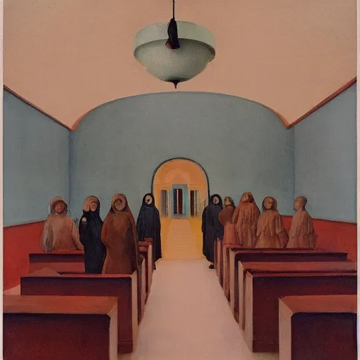 Prompt: procession of women in a soviet temple, dripping watercolor by gottfried helnwein, by hammershøi, highly detailed, art nouveau wallpaper, lights by edward hopper, liminal, eerie, pastel colors, limited palette