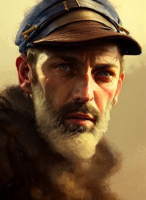 Image similar to portrait of a rugged man wearing a sailors cap, victorian, concept art, detailed face, fantasy, close up face, highly detailed, cinematic lighting, digital art painting by greg rutkowski