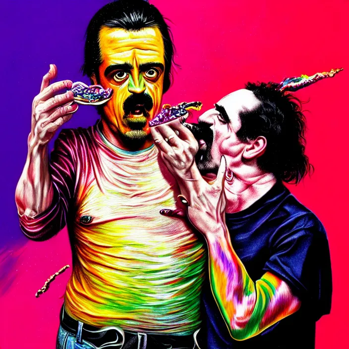 Prompt: bright psychedelic mike patton eating frank zappa who is puking hitler, puke, rotten, screaming, diffuse lighting, fantasy, intricate, elegant, highly detailed, lifelike, photorealistic, digital painting, artstation, illustration, concept art, smooth, sharp focus, art by francis bacon