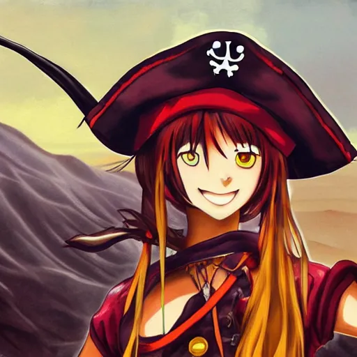 Image similar to Painting of a female anime pirate captain in the middle of a desert