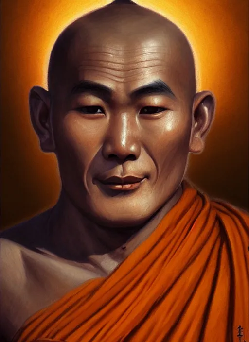 Image similar to smart tai buddhist monk, sukothai, closeup portrait, without beard and mustache, historical hero, ethnic group, tai costume, intricate, elegant, loin cloth, highly detailed, oil painting, artstation, concept art, matte, sharp focus, illustration, hearthstone, art by earl norem