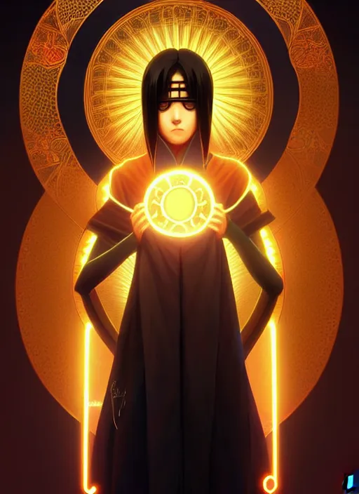 Image similar to symmetry!! itachi, glowing lights!! intricate, elegant, highly detailed, digital painting, artstation, concept art, smooth, sharp focus, illustration, art by artgerm and greg rutkowski and alphonse mucha