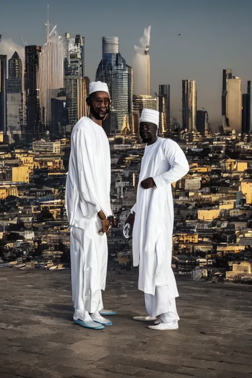 Image similar to nigerian men with white robes and golden angels wings in front of a city skyline