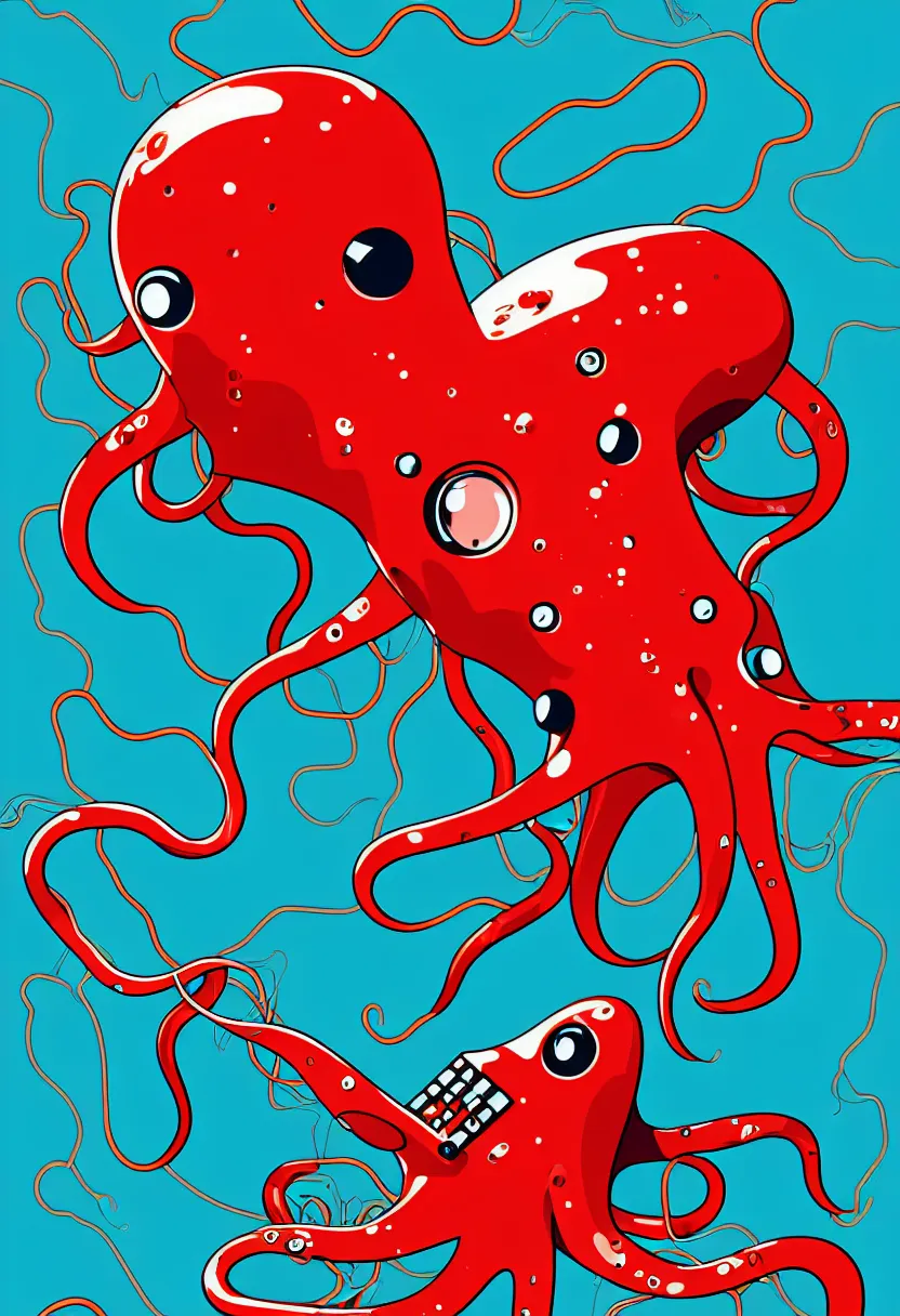 Image similar to a robot squid floats swims through a cloud of blood, concert poster for band named fingers, vector art, 8 k, highly detailed illustration