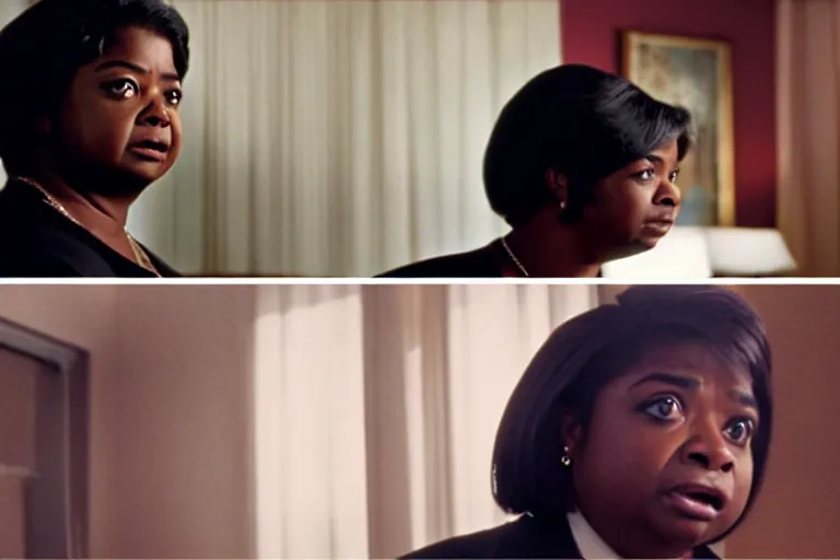 Image similar to cinematic shot from a 1 9 8 5 paranoid thriller, screenshot of octavia spencer confronts at senator joe manchin's ear, in the near future, motel room film directed by stanley kubrick, color theory, anamorphic lenses, beautiful cinematography, leading lines, photorealistic, volumetric lighting, 4 k