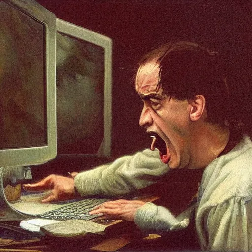 Image similar to an angry man screams at his computer monitor, oil on canvas, 1 8 8 3, highly detailed