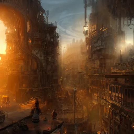 Image similar to steampunk city, sunrise, landscape, intricate, detailed, volumetric lighting, scenery, digital painting, highly detailed, artstation, sharp focus, illustration, concept art, ruan jia, steve mccurry