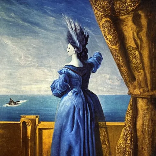 Prompt: Marie Antoinette levitating over the sea. El Greco, Remedios Varo, Salvador Dali, Carl Gustav Carus, John Atkinson Grimshaw. Blue tint. Symetrical, logo, geometric shapes.