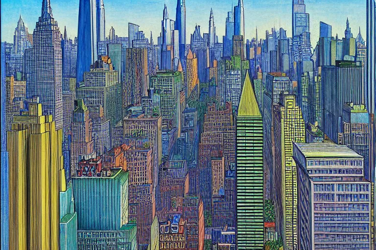 Image similar to a realistic Manhattan cityscape, from the roof, tall terrace, Empire state building, houses, parks, by Louis Wain (1920), golden ratio, sharp linework, clean strokes, sharp edges, flat colors, cell shaded by moebius, Jean Giraud, trending on artstation