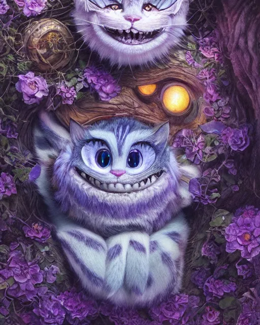 Prompt: an adorable cheshire cat asleep in a tree | highly detailed | very intricate | symmetrical | whimsical and magical | soft cinematic lighting | award - winning | closeup portrait | wonderland | painted by donato giancola and paul lehr and ross tran | pastel color palette | featured on artstation