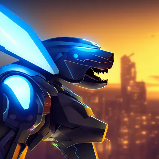 Prompt: highly detailed cinematic shot of a mecha canine, sharp claws, sleek armor, glowing visor, charging through city, digital art, furry art, furaffinity, deviantart, dragon art