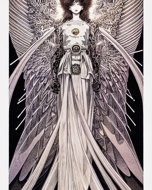 Image similar to hyper detailed illustration of an angel made of light, very holy, intricate linework, lighting poster by moebius, ayami kojima, 90's anime, retro fantasy