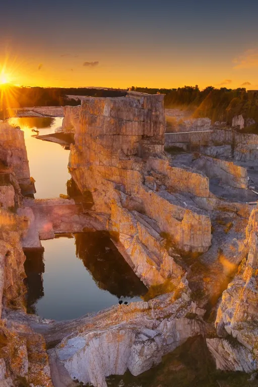 Image similar to a waterfilled limestone quarry, beautiful golden hour light, cinematic, oland in sweden, south of sweden