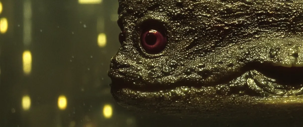 Image similar to Close up of a happy Lepidobatrachus laevis facing the camera in a still from the movie Blade Runner (1982), high quality, rain, rain drops, cold neon lighting, 4k, night, award winning photo, beautiful