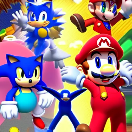 Image similar to super mario, kirby, sonic the hedgehog, super smash bros, star wars themed movie poster high detail accurate eyes and good gesture poses, pokemon anime cartoon style