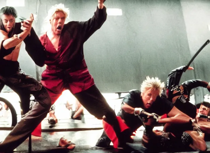 Image similar to film still of Gary Busey fighting Ninjas in the new Bloodsport movie, 8k