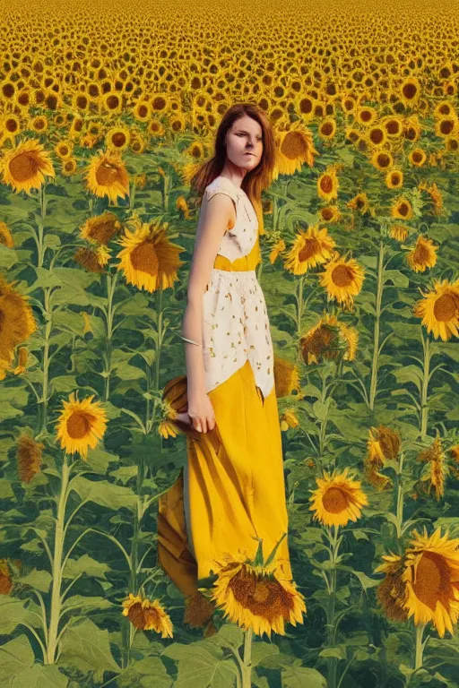 Prompt: a portrait of a stylish woman standing in a field of sunflowers by Ismail Inceoglu