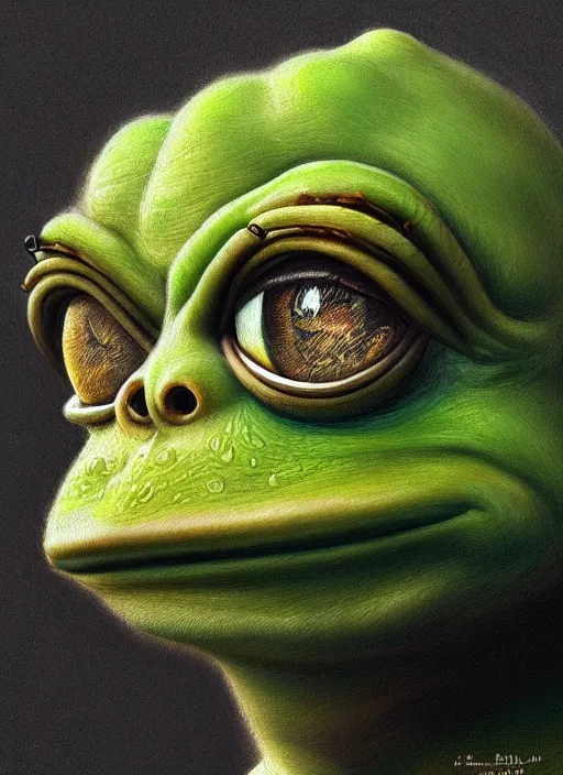 Prompt: pepe the frog!!!, male, sad, depressed, portrait, intricat, highly detailed, digital painting, artstation, concept art, wallpaper, smooth, sharp focus, illustration, art by h. r. giger and artgerm and greg rutkowski and alphonse mucha