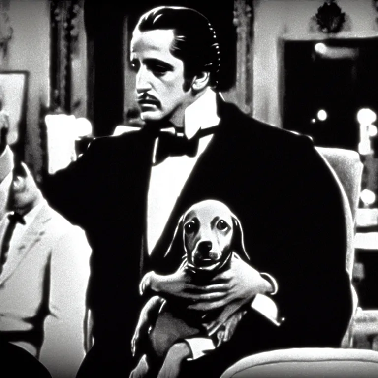 Image similar to cinematic scene screen cap from the godfather with an anthropomorphic dog in a suit