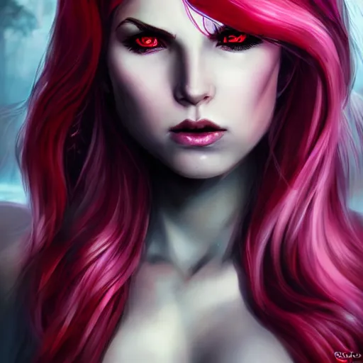 Image similar to princess of darkness, style of rutkowski, artgerm comic, piercing eyes, long glowing red hair, cinematic, highly detailed, award winning