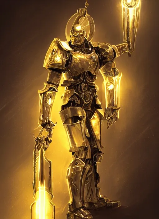 Image similar to dynamic abstract portrait of a intricate glorious holy mechanical warforged character in yellow armor holding a paladin engraved great longsword drawn and carrying a big paladin shield, beam glowing eye , epic , trending on ArtStation, masterpiece, cinematic lighting, by Ross Tran and by Greg Rutkowski