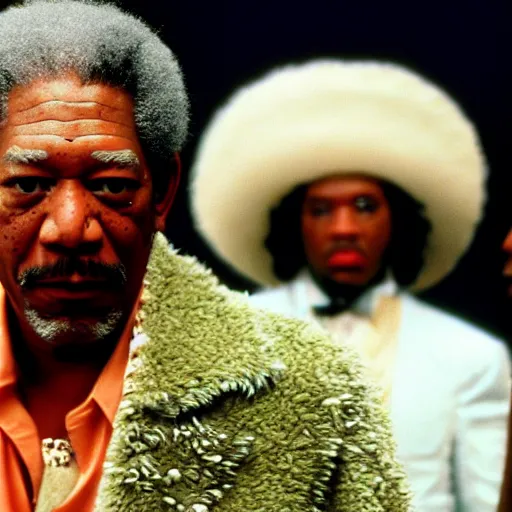 Image similar to a film still of Morgan Freeman dressed as a Pimp in a 1970s Blaxploitation film, 40mm lens, shallow depth of field, split lighting, cinematic