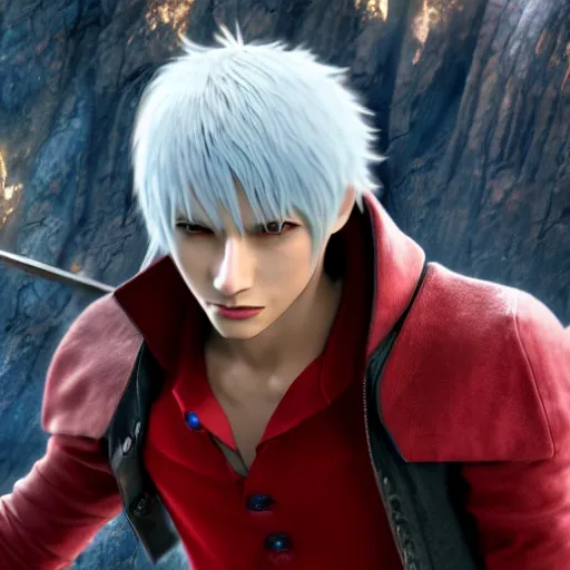 Prompt: a shot of dante from devil may cry in howl's moving castle movie, movie shot, anime, hightly detailed, rescalated 4 k, detailed, straight face, detailed face, artstation, deviantart, unreal - engine, octane render, studio ghibli
