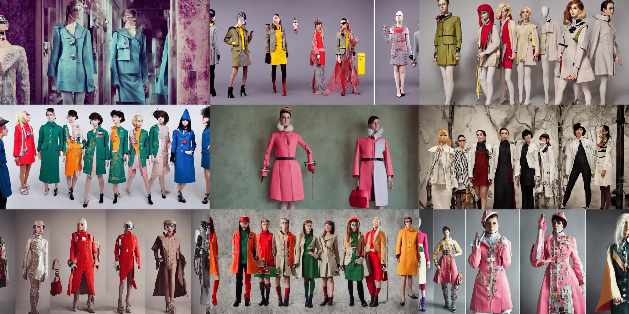 Prompt: futuristic fantasy fashion collection in the style of wes anderson, medic, dress, coat