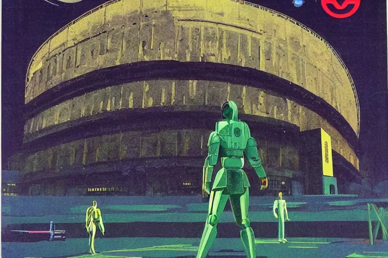 Prompt: 1979 OMNI Magazine Cover depicting an android Goliath standing in a coliseum. Cyberpunk Akira style by Vincent Di Fate