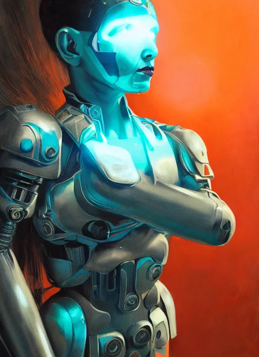 Prompt: symmetry!! dynamic pose! closeup portrait of a cyborg valkyree girl, fashion cyborg jumpsuit, shoulder pads, cinematic light, backlight, teal orange, volumetric clouds, by gerald brom, by mikhail vrubel, by peter elson, muted colors, extreme detail, trending on artstation, 8 k