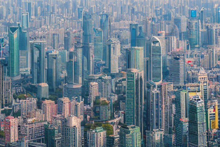 Image similar to 4 k hd, high detail photograph of shanghai cityscape, ultra wide shot, shot with sigma f / 4. 2, 2 5 0 mm sharp lens, consistent, high detailed light refraction, high level texture render