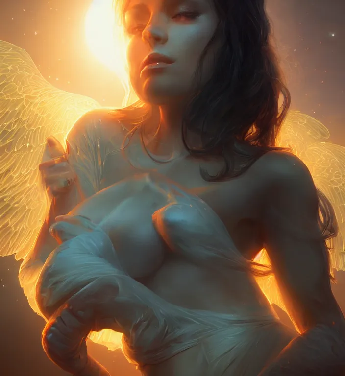 Image similar to centered waist up portrait photography an angel + glowing outlines, bokeh + DOF + 8k, photorealistic + rendered in unreal engine + composition by Peter Mohrbacher + line work by Dan Mumford , ultra realistic + backlit + strong rimlight, sunset + HDRI, HD, Photoreal