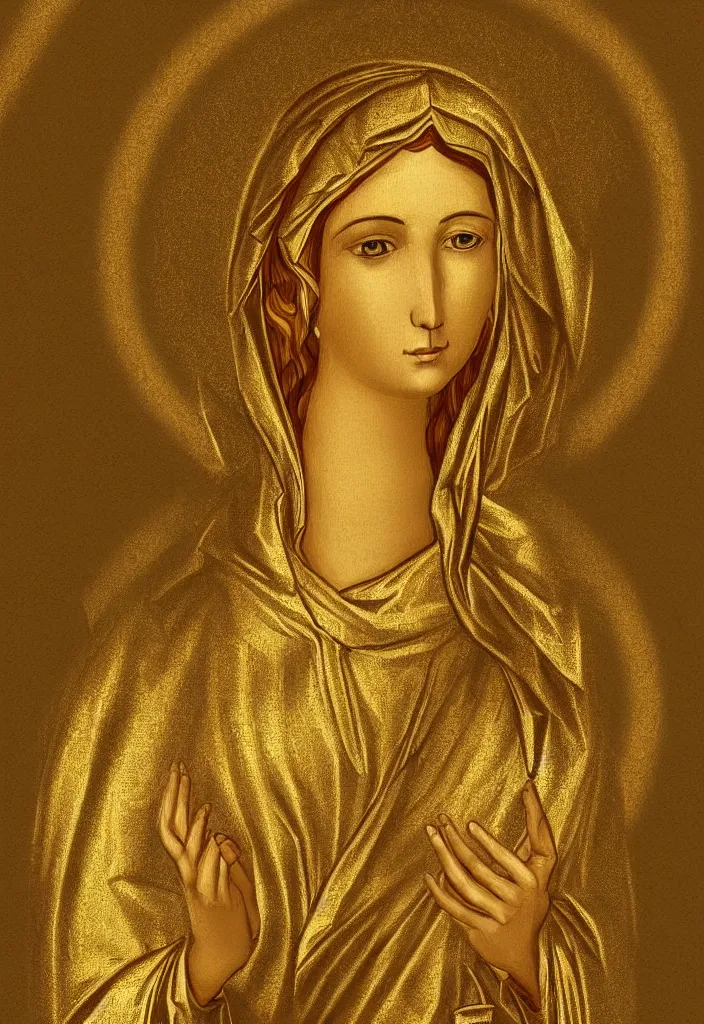 Image similar to saint mary reimagined as digital art by theophilia from deviantart, gold background, very detailed,