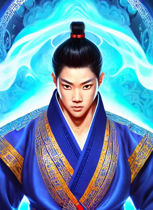 Image similar to male martial artist with a high ponytail!!! asian facial features and blue eyes!! intricate ornate blue robes!! character concept art, sharp focus, octane render! unreal engine 5! highly rendered!! trending on artstation!! detailed linework!! illustration by artgerm, wlop, and chie yoshii