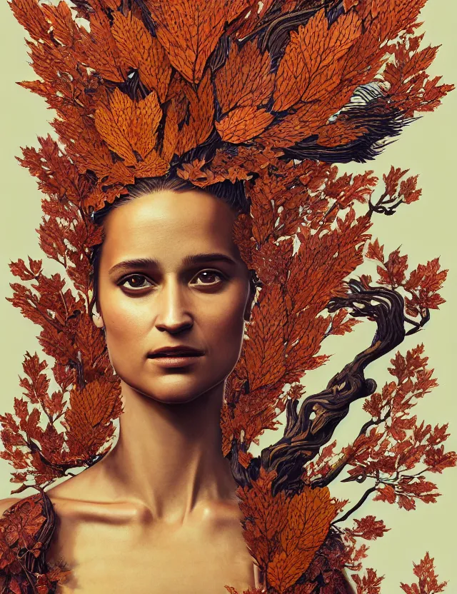 Prompt: 3 d goddess close - up profile portrait of alicia vikander wearing a beautiful intricately detailed japanese autumn fox mask, fall leaves, phoenix, dried plants, wind, creature, artwork by tooth wu and wlop and beeple and greg rutkowski