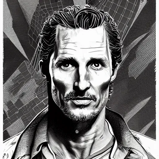 Image similar to a study of cell shaded portrait of matthew mcconaughey concept art, llustration, post grunge, concept art by josan gonzales and wlop, by james jean, Victo ngai, David Rubín, Mike Mignola, Laurie Greasley, highly detailed, sharp focus, alien, Trending on Artstation, HQ, deviantart, art by artgem