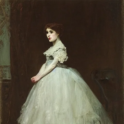 Image similar to young victorian lady in ball gown, absent - minded chewing on the end of a pencil, painted by alfred stevens