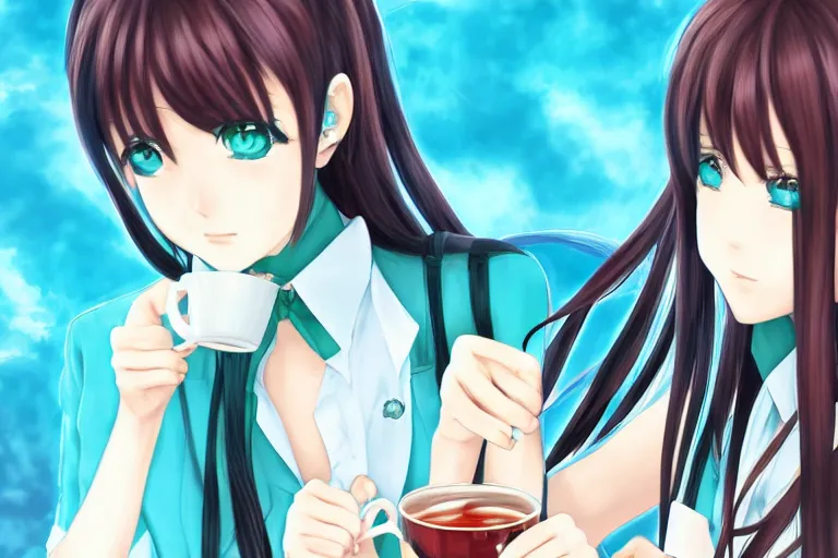 Image similar to Makise Kurisu drinking tea with Hatsune Miku, anime art, detailed, wallpaper, 4k