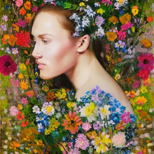 Prompt: portrait of a beautiful woman covered in flowers in the middle of a Forest, ray gods, oil paint,