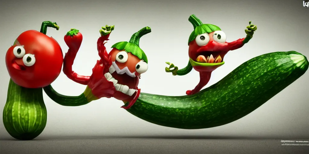 Image similar to detailed 3 d render of a bad zucchini character with arms and legs and a long sword!! chasing after a tomato character, hyper realistic octane render, cinematic lighting, deviantart, frame from independent movie