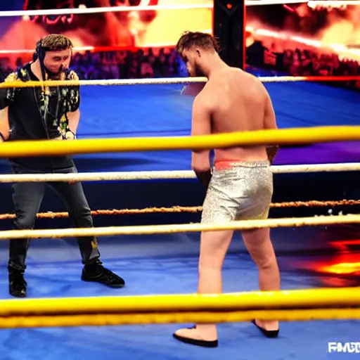 Prompt: twitch streamer forsen fighting versus xqcl in WWE ring tournament, photography, high quality, realistic