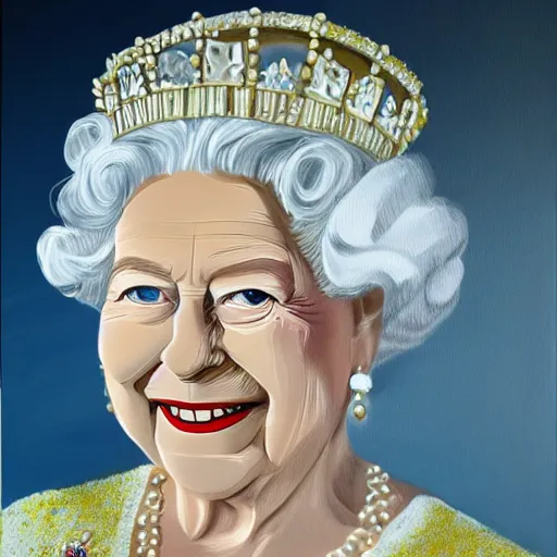 Prompt: ultra realistic painting of queen elizabeth ii in the 1 9 8 9 city of tacoma, wearing a water soaked white short dress, looking into the camera with a smirk, art by ross draws, 4 k, ultra realistic, highly detailed, epic lighting