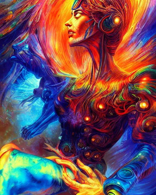 Image similar to rainbow fire, by antonio j. manzanedo, alex grey, android jones, wayne barlowe, philippe druillet, raymond swanland, cyril rolando, josephine wall, harumi hironaka, cronenburg, trending on artstation