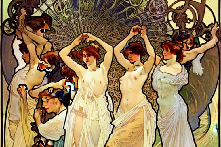 Image similar to Alphonse Mucha painting crowded figures