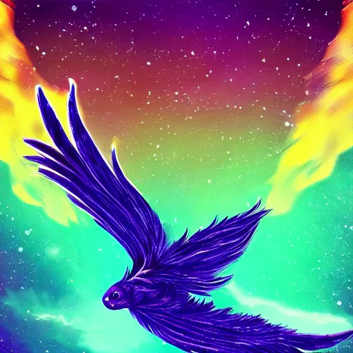 Prompt: skunk, feathers, bird, avian, wings, synthwave, universe background, nebula, galaxy, artstation