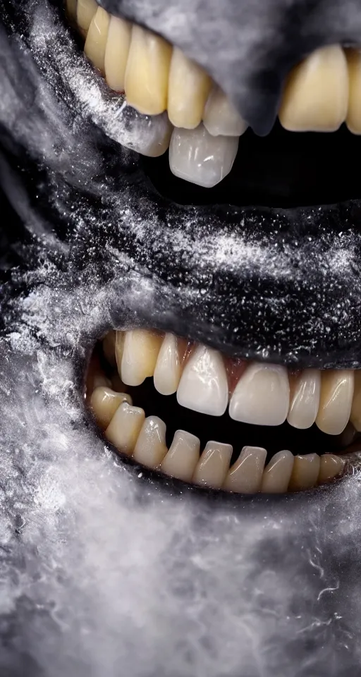 Image similar to up close shot of regular teeth with two vampire fangs, winter, dark scenery, dark lighting, cinematic, cold freezing nights, laser lights, cybernetic, top floor boss shit, destroy lonely, black floor, lavish, luxurious, marble walls, cinematic, hyper realism, high detail, octane render, 8 k