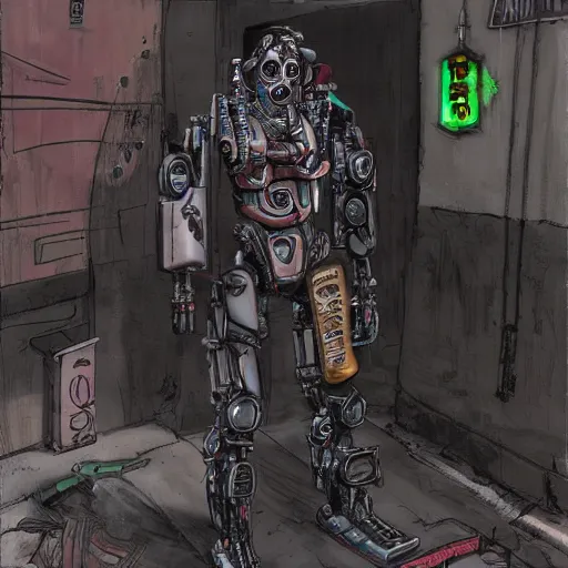 Image similar to cyberpunk back - alley prosthetic dealer, sketchy, scary abomination, demon robot, 8 k, highly detailed, photorealism