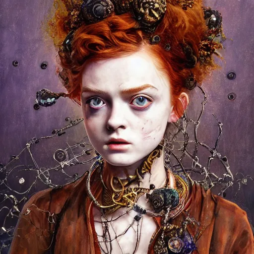 Image similar to sadie sink expressive oil painting, of helena bonham carter mixed with sophia lauren, bumpy mottled skin full of blood and scars, ornate headpiece made from crystals, cables and wires, body horror, by yoshitaka amano, by greg rutkowski, by jeremyg lipkinng, by artgerm, digital art, octane render