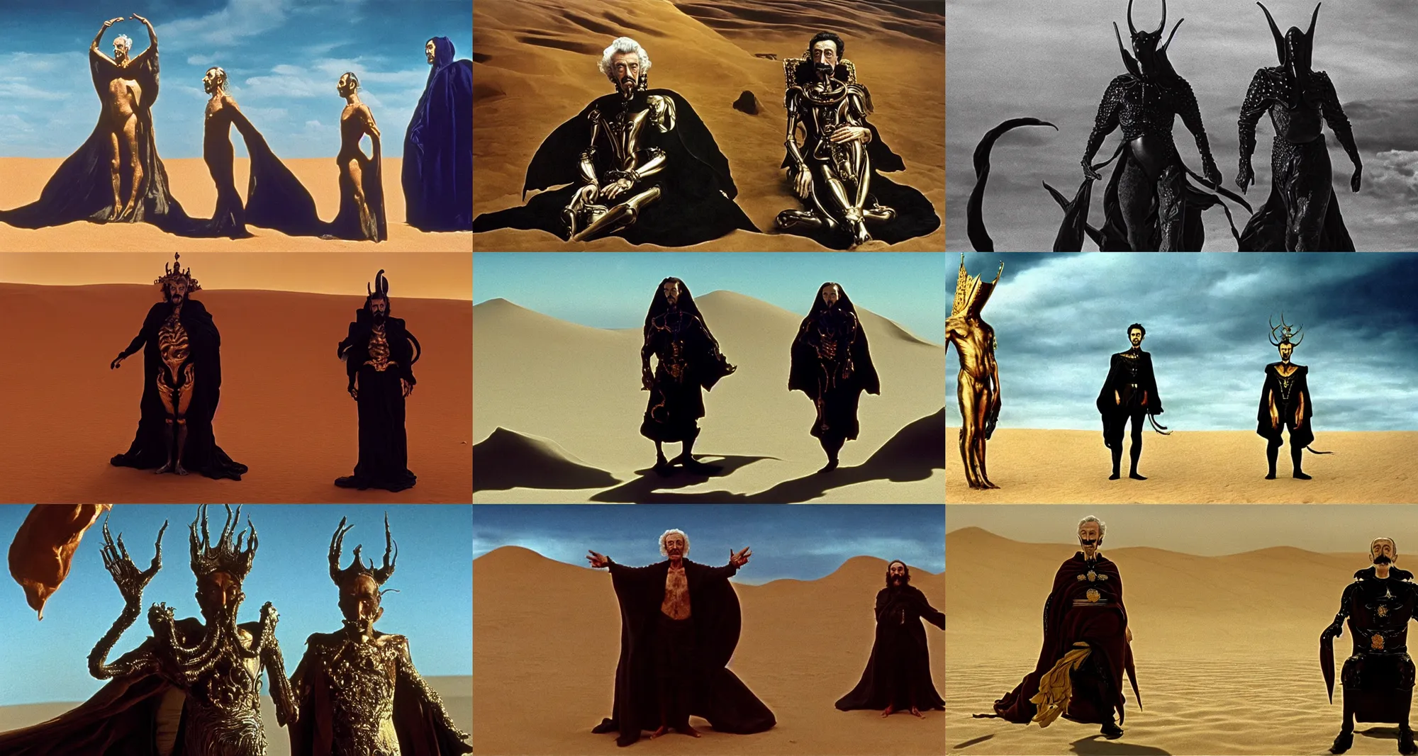 Prompt: the full body shot of salvador dali in the role of emperor of universe | still frame from the dune movie by ridley scott with cinematogrophy of christopher doyle and art direction by hans giger, anamorphic lens, 8 k, higly detailed masterpiece