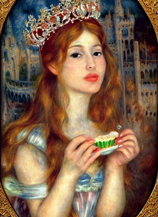 Image similar to closeup medieval renoir face portrait of a fairytale princess wearing a crown eating cakes in the castle, bikini, depth of field, zeiss lens, detailed and intricate environment, fashion photoshoot by nicoletta ceccoli, mark ryden, lostfish, breathtaking, 8 k resolution, extremely detailed, beautiful, establishing shot, artistic, hyperrealistic, octane render